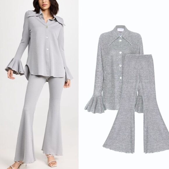 Sleeper Venera Lurex Lounge Suit Set Top and Pants Silver Flared Cuffs NWT $350 - Picture 11 of 11
